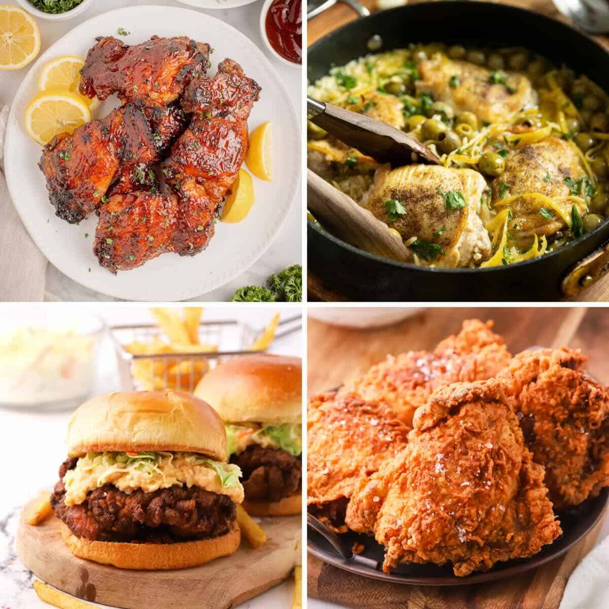 Collage of easy chicken thigh recipes including grilled chicken thighs, skillet chicken dinners, casseroles, and baked chicken thigh recipes.