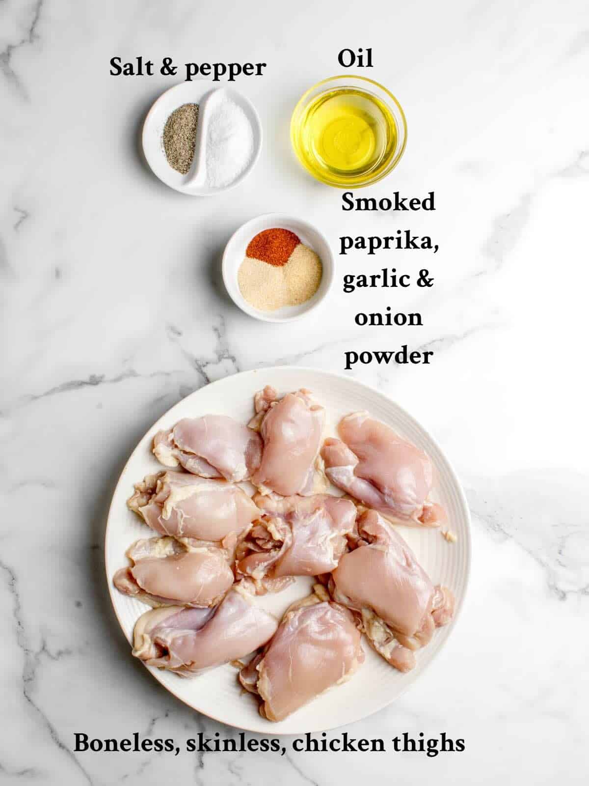 Ingredients for grill pan chicken thighs includes boneless, skinless chicken thighs, oil, and seasonings.