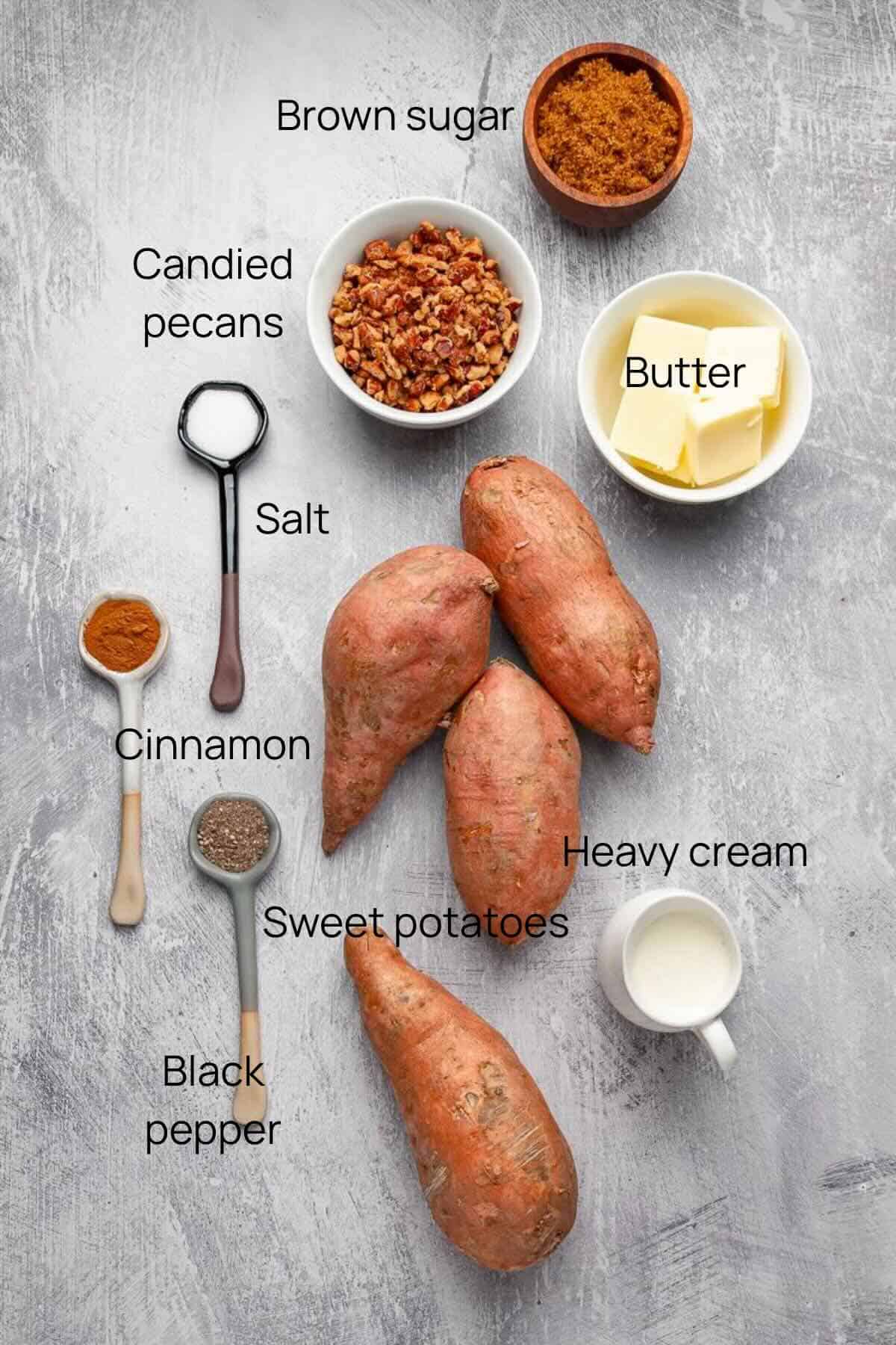 Ingredients to prepare savory mashed sweet potatoes include sweet potatoes, butter, and cream.