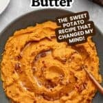 Savory mashed sweet potatoes in a bowl topped with brown butter and roasted pecans.