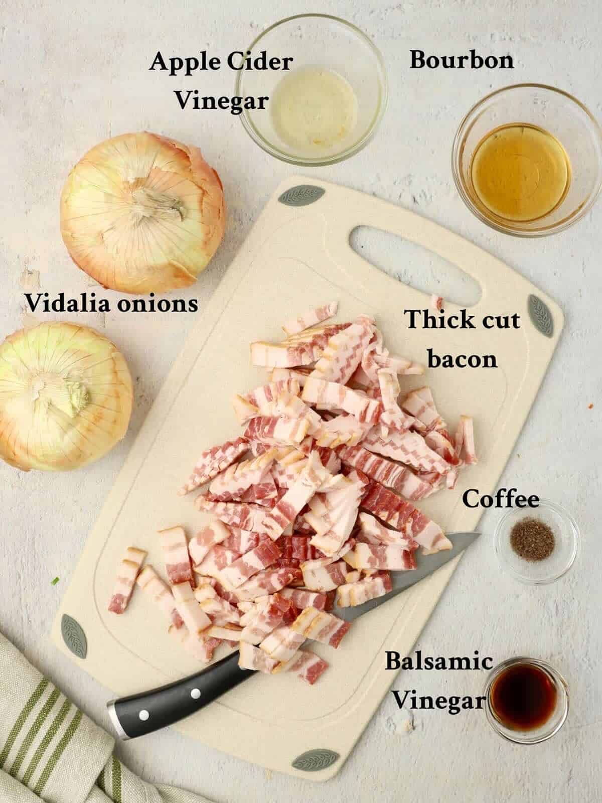 Ingredients for Bourbon Bacon Onion jam includes Vidalia onions, bacon, and vinegars.
