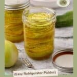 Pinterest pin with text and a jar of sweet pickled green tomatoes and Vidalia onions in refrigerator pickle brine