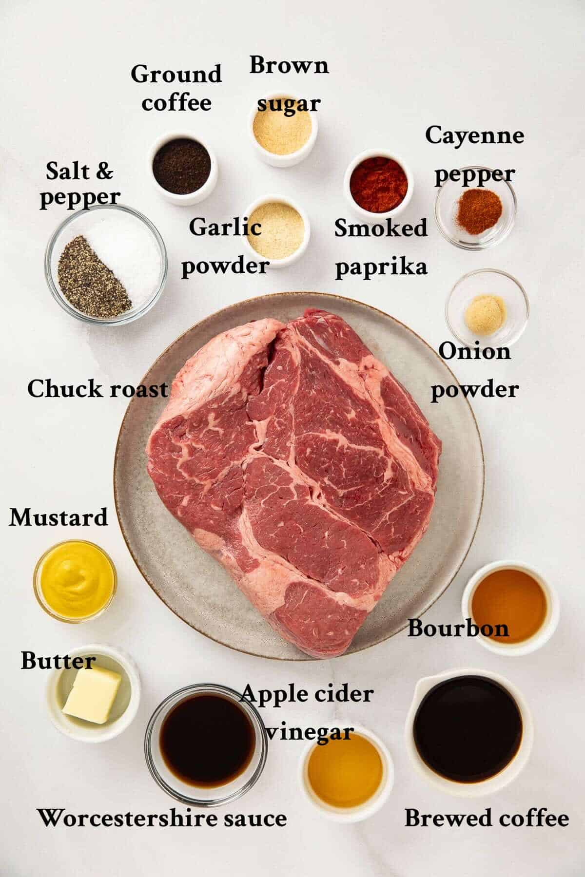 Ingredients for smoked chuck roast includes chuck roast, and seasonings for the rub and binder.