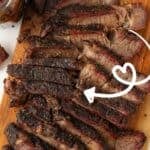 Pinterest pin with slices of smoked chuck roast on a cutting board and a spoonful of bourbon bacon onion jam.