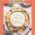 A large bowl of easy Beau Monde Dip surrounded by potato chips, plus text.