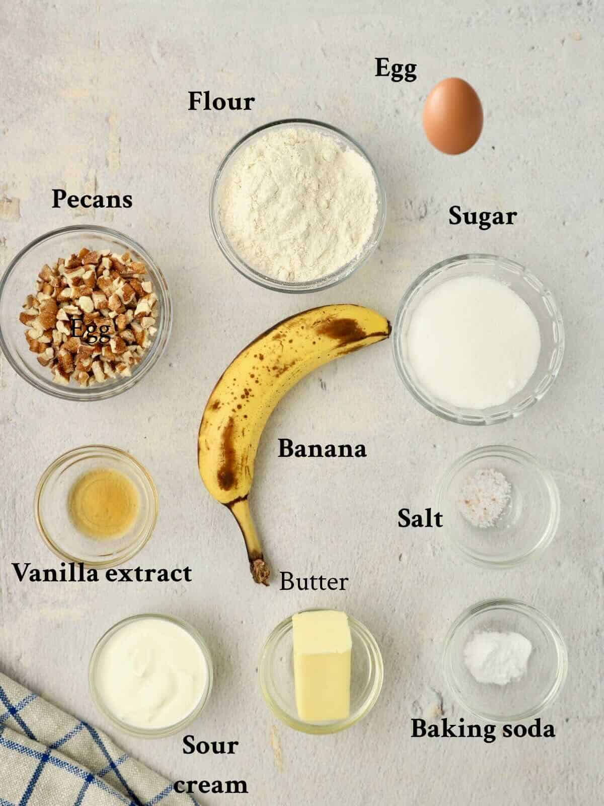 Ingredients for Banana Nut Bread Mini Muffins includes over ripe bananas, flour sugar and pecans.