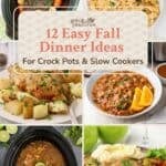 Pinterest pin showing a collage of 6 images of meals cooked in a crock pot.