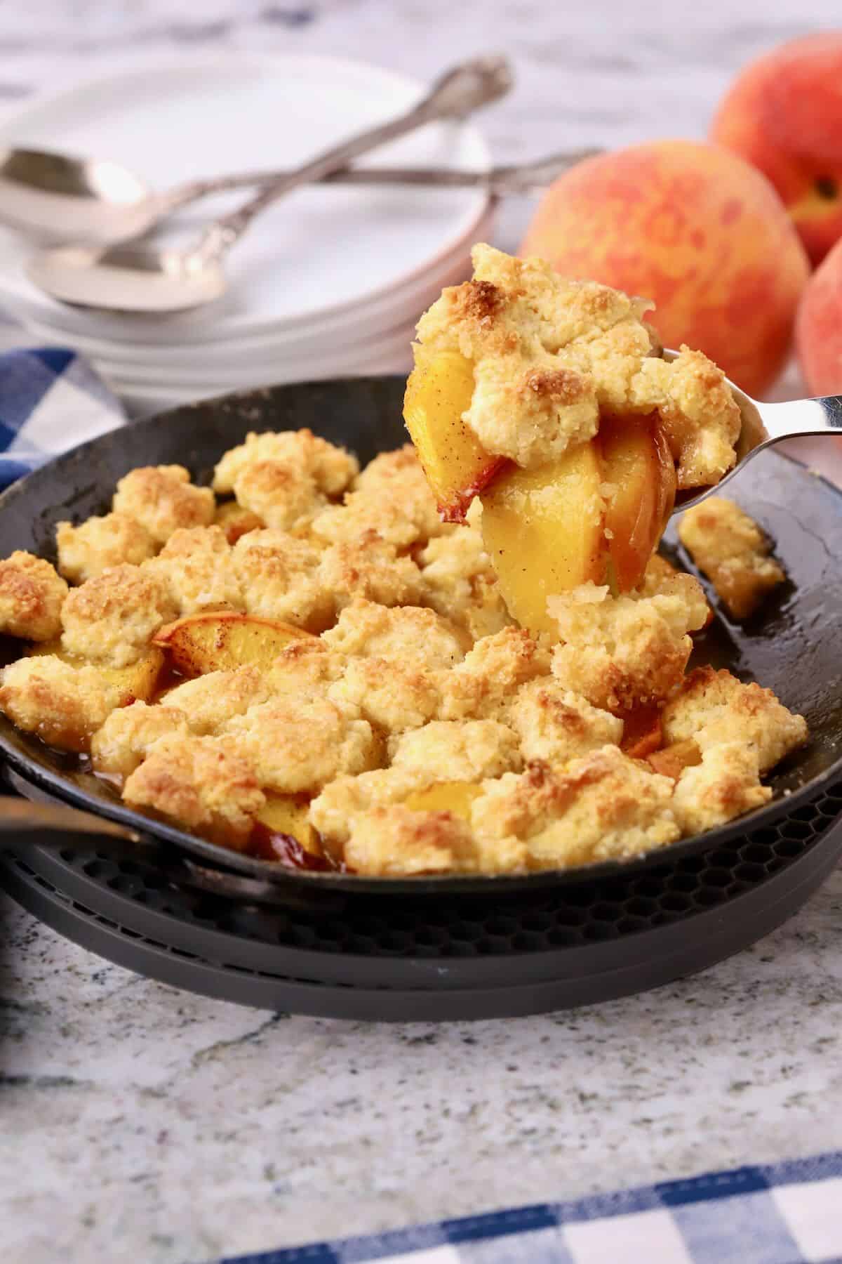 A big spoonful of small-batch peach cobbler.