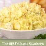Pinterest pin with a large bowl of creamy homemade Southern Potato Salad, plus text.