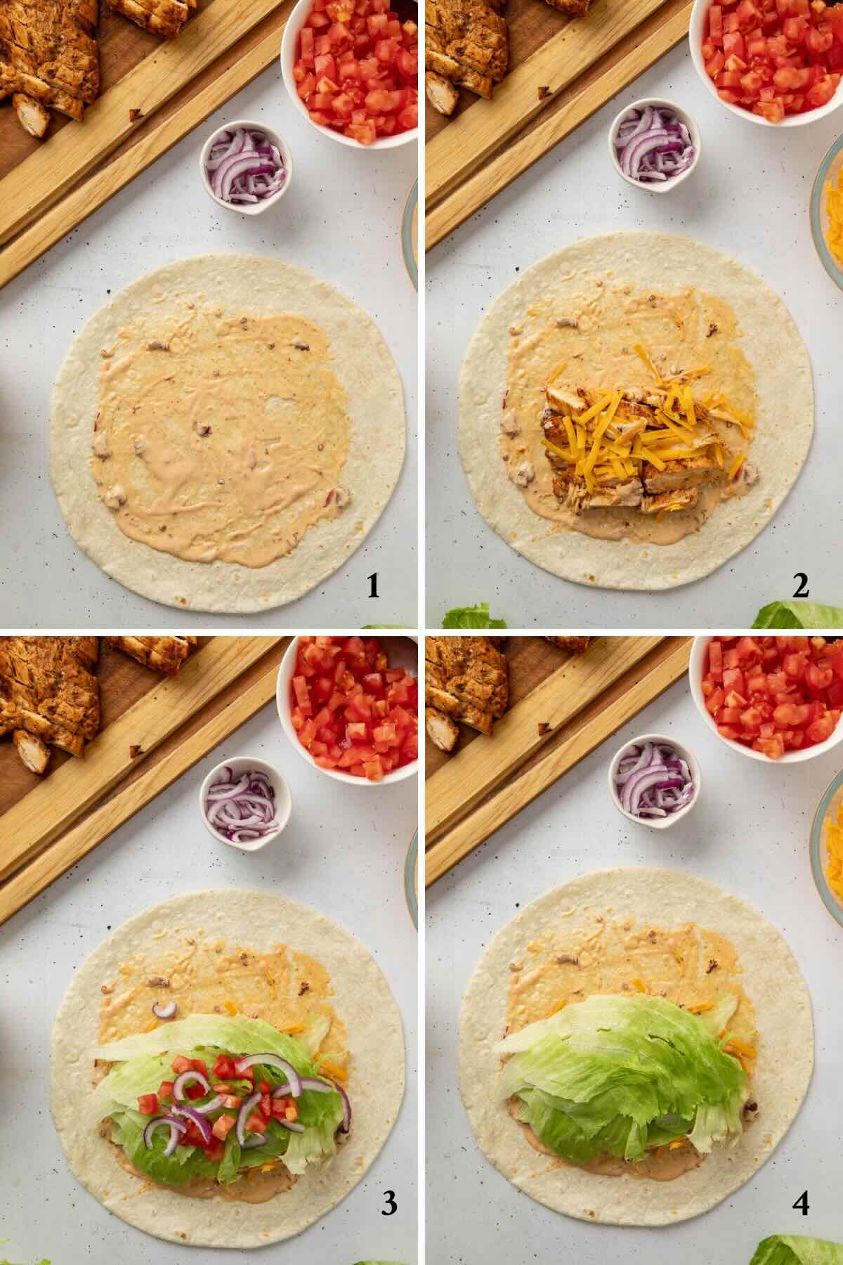 A collage of 4 images detailing the steps to add the filling to a chicken wrap.