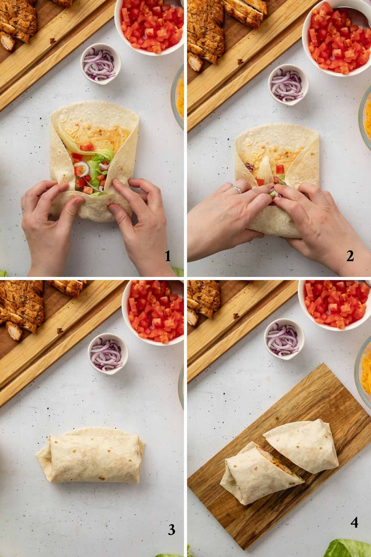 A collage of four images detailing the steps to roll up a wrap so that the filling doesn't fall out.