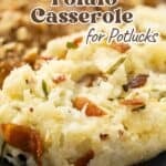 A serving of twice baked potato casserole studded with melted cheese and bacon on a plate, plus text.