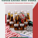 Ten bottles of vanilla extract with festive labels and ribbons.